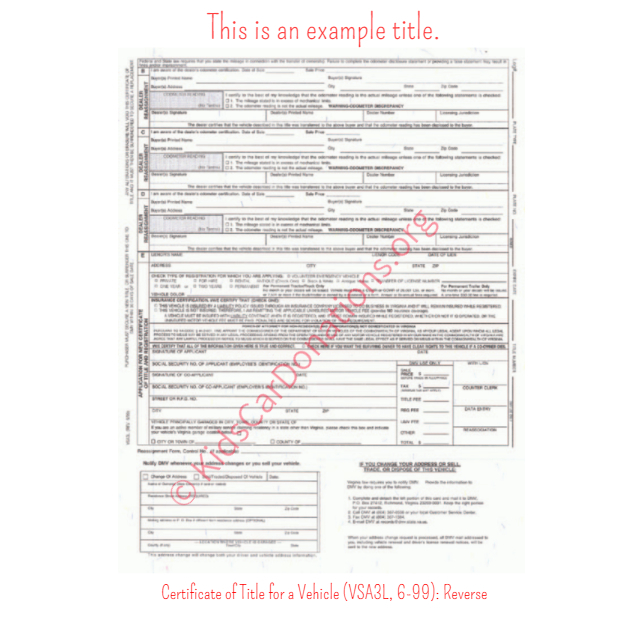 This is an Example of Virginia Certificate of Title for a Vehicle (VSA3L, 6-99) Reverse View | Kids Car Donations